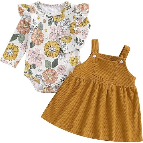 Hnyenmcko Newborn Baby Girl Fall Clothes Ruffle Long Sleeve Floral Ribbed Romper Suspender Skirts Set Infant Winter Outfit