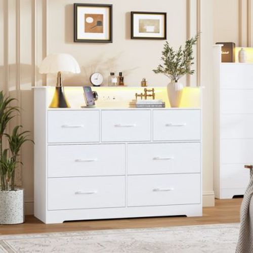7 Drawer Wooden Dresser with LED Lights Power Outlet – 47" Modern Storage Chest with Smooth Gliding Drawers, for Bedroom, Living Room, White