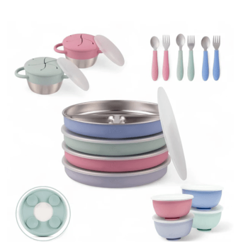Stainless Steel Mealtime Bundle | Sucton Sleeves | Plates, Bowls, Snack Cups + Toddler Utensils | 16 Pcs | Blush/Lilac/Sage/MistyBlue