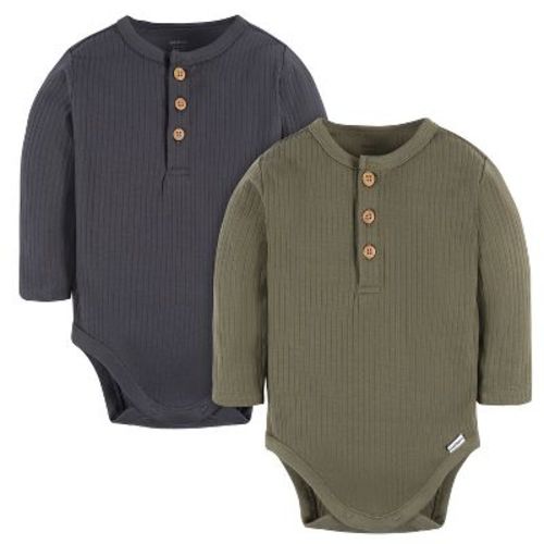 Gerber Baby Boys' Henley Long Sleeve Onesies® Bodysuits - Rust & Oatmeal Heather - 0-3 Months - 2-pack