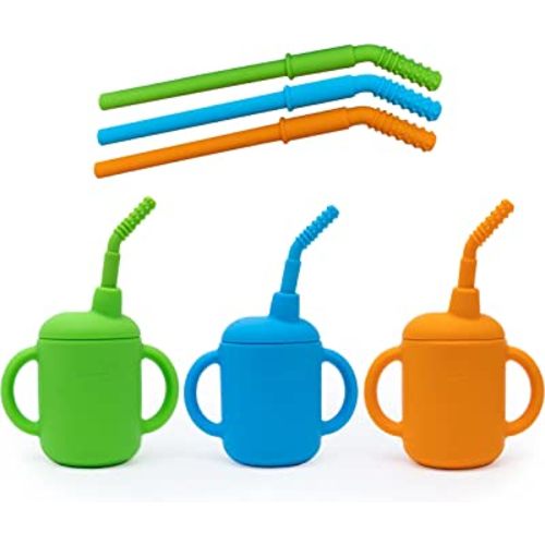 LITTLE SKIPPER Transition Sippy Cups for Baby 6+ Months with Teething Straw  (Dual Teething Tube with Stopper) Silicone Toddler Cups with Straw. Babies  Hollow Teething Stick Toddler Training Cup 3pk