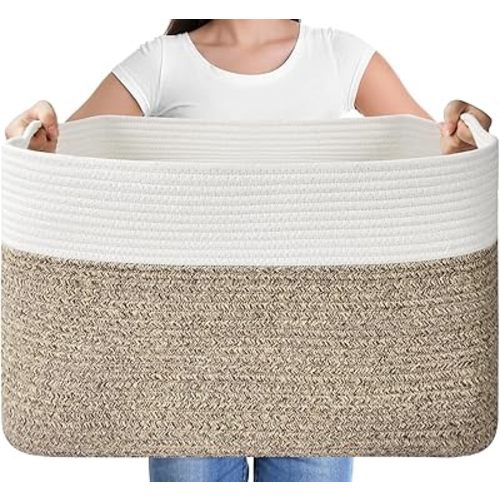 Large Blanket Basket, Rectangle Woven Baskets for Storage, Blanket Storage for Living Room, Cotton Rope Basket for Toys,Big Storage Basket for Blankets (Brown)