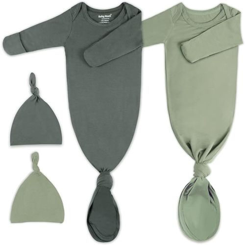 2Pk Newborn Baby Knotted Gown, Super Soft Silky Infant Long Sleeve Sleeper for Baby Sleeping with Hat or Headband (2 Packs) - Army Green+dark Green - 0-3 Months