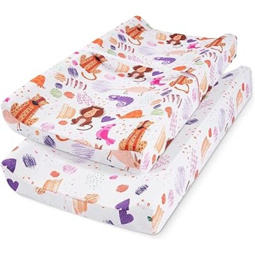 TILLYOU Baby Changing Pad Cover, Changing Table Cover for Girls Boys, Ultra Soft Breathable, 2 Pack Animal Graffiti & dot Printing