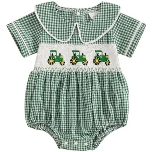 Infant Boy Fire Truck Romper Newborn Baby Summer Clothes Excavator Short Sleeve Babydoll Collar Gingham Bodysuit