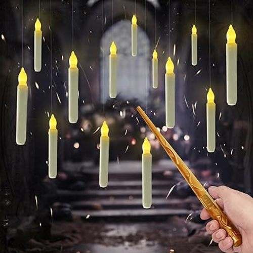 Homemory Magical Floating Candles, 12 Pcs LED Window Decors, Warm Yellow Flameless Taper Candles with Wand Remote, Battery Operated for Halloween Party Decor