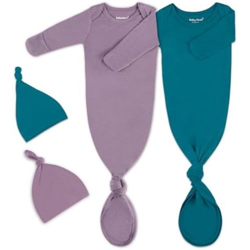 2Pk Newborn Baby Knotted Gown, Super Soft Silky Infant Long Sleeve Sleeper for Baby Sleeping with Hat or Headband (2 Packs)