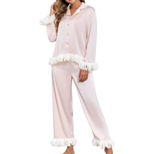 Brosloth Womens Silk Pajamas Long Sleeve Button Up Pajama Cute Soft Satin Fall Pjs Sets 2 Piece Lounge Set Sleepwear