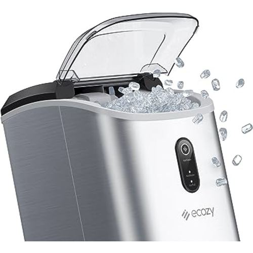 ecozy Nugget Ice Maker Countertop - Chewable Pellet Ice Cubes, 33 lbs Daily Output, Stainless Steel Housing, Self-Cleaning Ice Machine with Ice Bags for Parties, Kitchen, Bar, Office, Silver