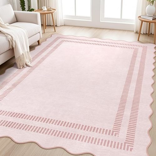 Pink Rugs for Bedroom Girls, 5x7 Washable Non Slip Area Rugs for Living Room, Soft Vintage Ultra-Thin Scalloped Carpet for Nursery Dorm Home Decor