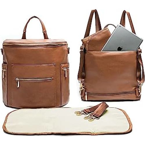 miss fong Diaper Bag Backpack Baby Diaper Bag, Large Leather Diaper Bag Backpack with 16 Pockets Diaper Bag Organizer,Changing Pad,Stroller Straps and 2 Insulated Pockets (Convertible,Brown)