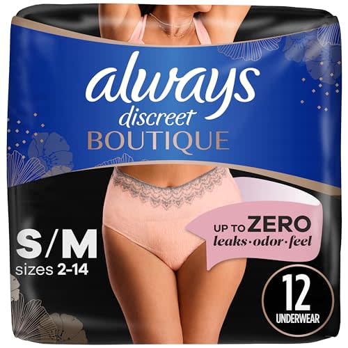 Always Discreet Boutique Adult Incontinence & Postpartum Underwear For Women, High-Rise, Size Small/Medium, Rosy, Maximum Absorbency, Disposable, 12 Count (Packaging May Vary)