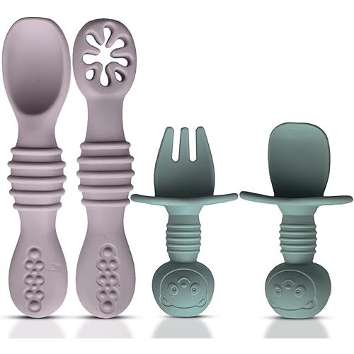4pc Silicone Self feeding baby utensils 6-12 months, 3 baby spoon, 1 baby fork, Toddler Cutlery Set, BPA Free, Dishwasher Safe, Baby eating essentials (Light pink/Army Green)