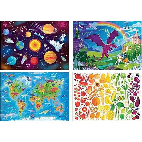 Chuckle & Roar Jigsaw 100 & 200 PC Puzzle Space, Map, Fantasy and Food 4 Pack Edition