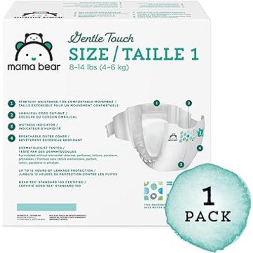 Amazon Brand - Mama Bear Gentle Touch Diapers, Hypoallergenic, Size 1, 196 Count (4 packs of 49), White