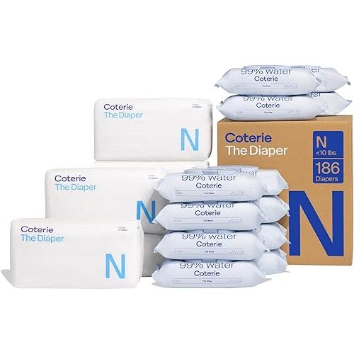 Coterie Baby Diapers + Wipes Baby Kit, Size NB (186 Count) + 12 Wipe Packs (672 Wipes)