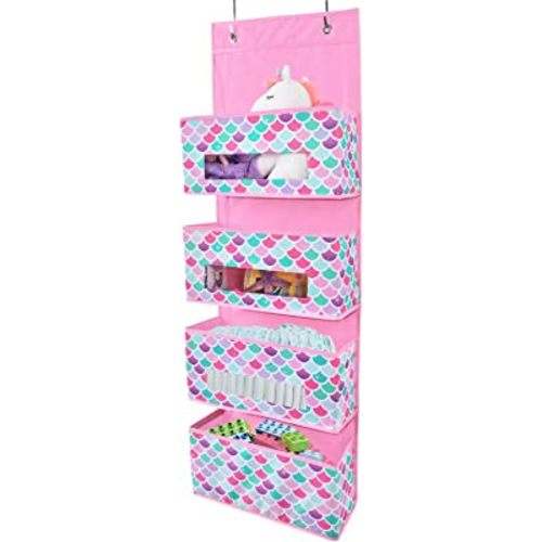 WERNNSAI Mermaid Over Door Organizer - 4 Clear Window Pockets Door Hanging Organizer for Kids Baby Girls Closet Diaper Behind Door Pantry Organizer Hanger Bedroom Nursery Wall Organizer Decor