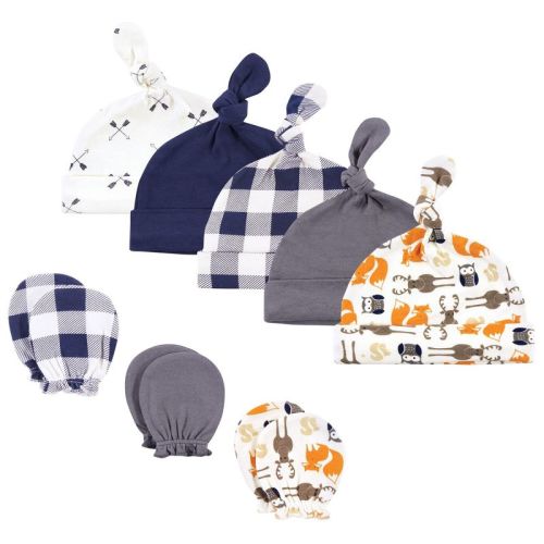 Hudson Baby Infant Boy Cotton Cap and Scratch Mitten Set, Forest, 0-6 Months
