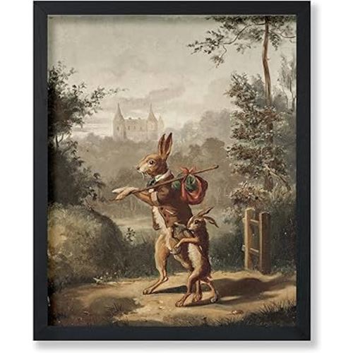 Poster Master Vintage Two Hares With A Knapsack Poster - Retro A Castle Beyond Print - Fantasy Art - Gift for Kids & Parents - Decor for Kid's Room, Bedroom or Living Room, 11x14 Black Framed