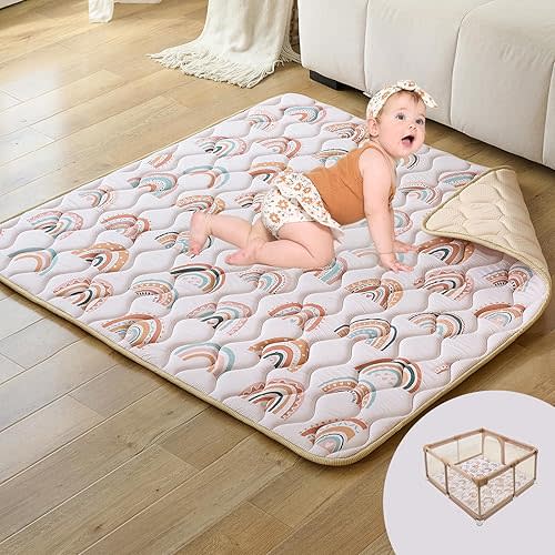 PINNKKU Baby Play Mat, 50x50 Playpen Mat, Thick & Soft Padded Play Mat for Baby and Toddlers, Foldable and Machine Washable Kids Play Mat for Floor Play, Crawling & Tummy Time, Boho Rainbow
