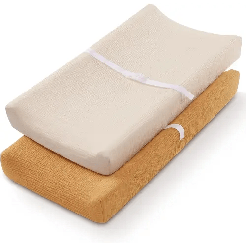 Blissful Diary Muslin Changing Pad Cover for Girls Boys, Ultra Soft Breathable Cotton, Baby Diaper Change Table Pad Covers, 2Pack (Retro Yellow & Beige)