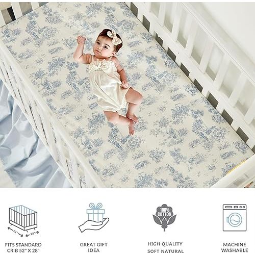 Brandream Baby Crib Sheets for Girls Boys, Fitted Crib Sheet for Standard Crib and Toddler Mattress, Super Soft 100% Cotton Baby Sheet French Country Toile Floral Print, Crib/Toddler