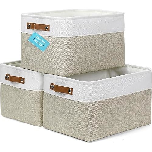 Large Fabric Storage Baskets for Shelves 3 Pack, 15x11in Closet Storage Bins for Shelves, Cloth Baskets for Organizing, Linen Closet Organizers, Fabric Basket, Beige/White