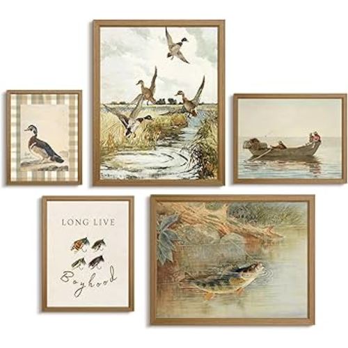 Vintage Nursery Wall Art Decor Baby Boy Room Canvas Prints Fishing Hunting Nursery Wall Decor Mallard Duck Pictures Rustic Farmhouse Poster Artwork for Bedroom 12x16x5 Inch Framed