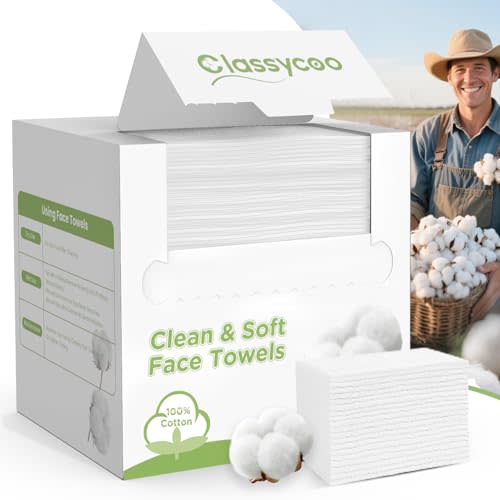 Classycoo XL Disposable Face Towel, 100% Cotton Ultra-Soft for Sensitive-Skin Facial Wipes Cleansing Towels, Odor-Free, Makeup Remover Cloths for Travel, Home Hand Dry Wipe(50 Count)