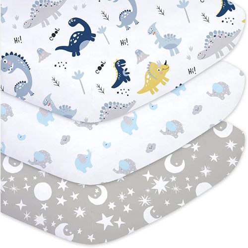 Plushii Crib Sheets for Baby Boys 3 Pack, 28"x 52" Extra Soft Microfiber Crib Sheet Set for Baby Crib Mattress Sheet & Toddler Mattress Pad, Dinosaur & Elephant & Stars