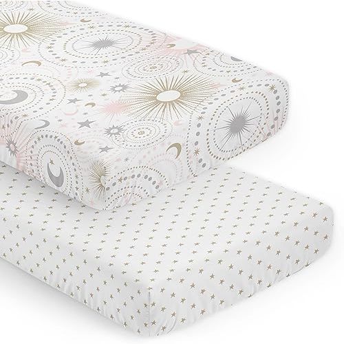 Sweet Jojo Designs Blush Pink Gold Star and Moon Girl Baby Fitted Crib Sheet Set for Infant Newborn Nursery Toddler Bed Room Standard Mattress - 2 Pieces - Grey Celestial Sky Stars Gray Shabby Chic