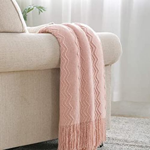 BOURINA Throw Blanket Textured Solid Soft Sofa Throw Couch Cover Knitted Decorative Blanket, 60" x 80" Pink