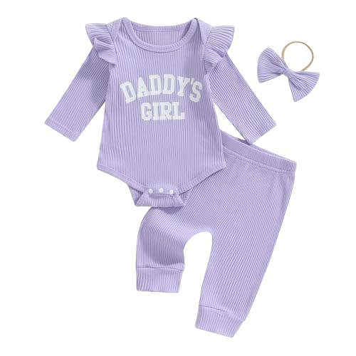 Tsnbre Newborn Baby Girl Outfits Daddys Girls Ruffle Long Sleeve Romper Top Pants Headband Infant Fall Winter Clothes
