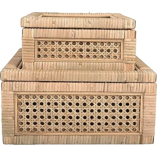 Creative Co-Op Modern Decorative Square Woven Rattan and Wood Display Boxes with Glass Top, Set of 2 Sizes, Natural Finish