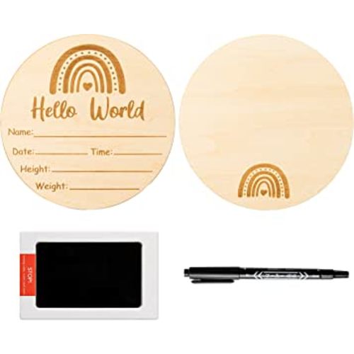 R HORSE Baby Birth Announcement Sign with Marker Pen, Boho Rainbow Baby Name Sign with Ink Pad for Hand and Footprints, Wooden Hello World Newborn Announcement Nursery Decor Keepsake Gifts