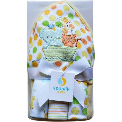 Spasilk Hooded Bath Towel and Washcloths Set for Newborns, 1 Soft Terry Baby Towel and 3 Baby Washcloths, Baby Essentials, Ideal Baby Shower Gifts, One Size, Yellow Ark