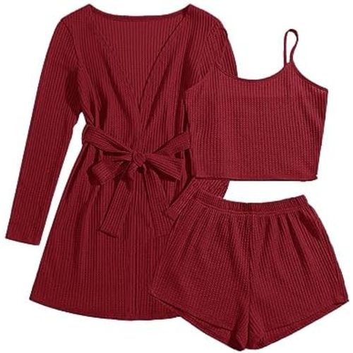 Ekouaer Womens 3 Piece Waffle Knit Lounge Set Soft Pajama Sets Tank Top and Shorts Cardigan with Pockets S-XXL