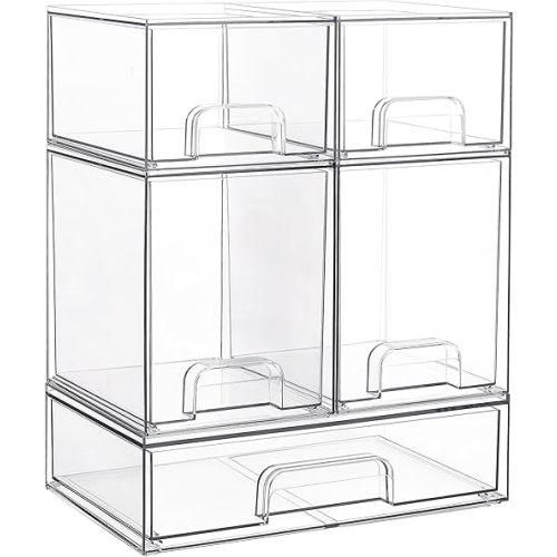 Vtopmart Stackable Storage Drawers Set of 5, Clear Plastic Organizer Bins for Beauty Supplies,Ideal for Vanity, Bathroom,Cabinet,Pantry Organization