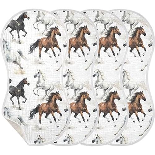 Burbuja Running Horses Muslin Baby Burp Cloths, Soft & Absorbent Cotton Burping Rags for Newborn Boys & Girls, 4 Pack