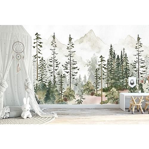 Watercolor Pine Tree Forest Mountains Peel and Stick Wallpaper Self Adhesive Nursery Décor Fabric Woodland Decal - Custom Sizes Mural #3195 (96" H x 140" W, White Sky)