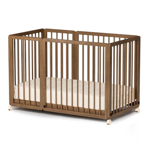 JOYMOR 8 in 1 Convertible Crib with Changer, Include 2” Mattress, Converts to Bassinet, Mid Crib, Full Size Crib, Daybed,Toddler Bed and Playard (Crib, Honey Wood)