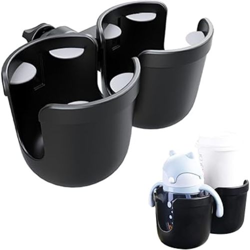 JINKEY Universal 360°Rotation Dual Cup Holder for Baby Stroller, Adjustable 2 in 1 Double Stroller Cup Holder Attachment for Bike, Wheelchair, Scooter