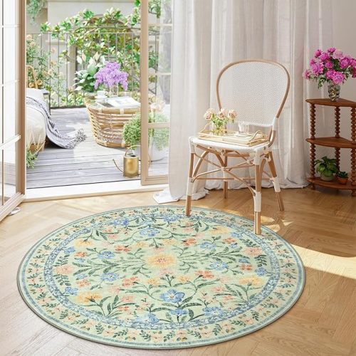 Wonnitar Washable Floral Round Rug, 6ft Sage Green Round Area Rugs for Bedroom Nursery, Boho Non-Slip Indoor Large Circle Carpets for Dining Room Living Room Kids Playroom