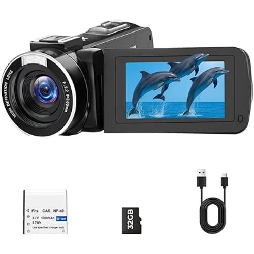 Camcorder Video Camera, Digital Camera 1080P 18X Digital Zoom Cam Corder with Fill Light, 3" 270° Rotatable Screen Webcam Anti-Shake 48MP Vlogging Camera for YouTube with 32GB Card & Battery