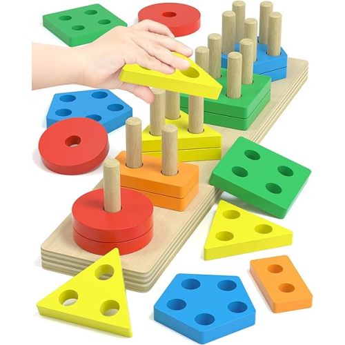 Montessori Toys for 1 2 Year Old Girl and Boy, Shape Sorter Wooden Toys for Toddlers 1-3, Toddler Toys Age 1-2, 1 2 Year Old Girl Boy Gifts, Preschool Toddler Puzzles Toys - Rainbow