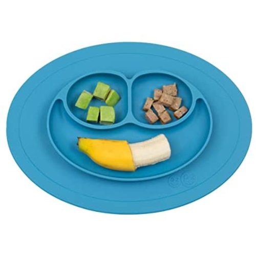 ezpz Mini Mat (Blue) - 100% Silicone Suction Plate with Built-in Placemat for Infants + Toddlers - First Foods + Self-Feeding - Comes with a Reusable Travel Bag