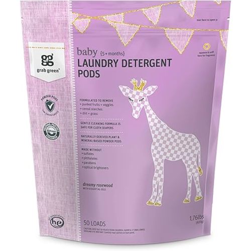 Grab Green Baby Laundry Detergent Pods, 50 Count, Dreamy Rosewood, Plant and Mineral Based, Formulated to Tackle Growing Baby (5 Months and Older) Laundry Stains
