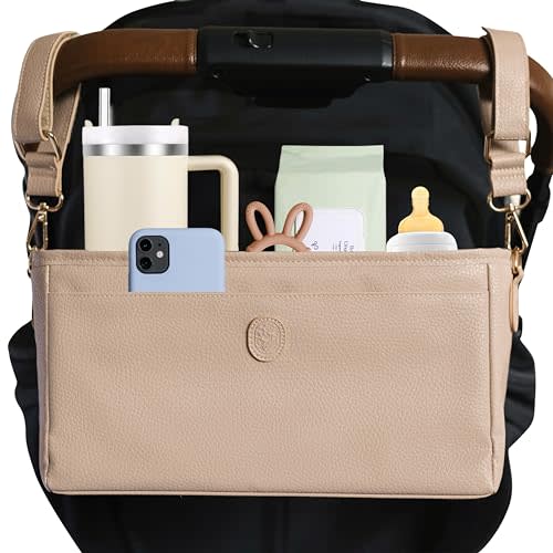 Universal Stroller Organizer with Cup Holder- Leather Stroller Caddy with Cup Holder, 4 Built-In Pockets, & Shoulder Strap, Stroller Bag Organizer fits Mockingbird, UppaBaby, Nuna, BOB, and More