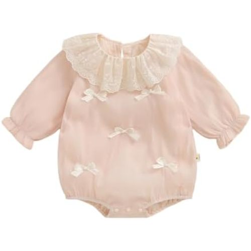 DSORVICD Infant Baby Girl Rompers Long Sleeve Lace Collar Ribbon Bows Dec Bodysuit Jumpsuit Birthday Clothes