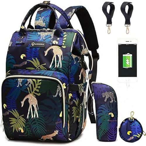 Diaper Bag Backpack, Animal Print Travel Nappy Bag with USB Charging Port Stroller Straps and Insulated Pocket For Women/Mum (Animal Print Pattern)
